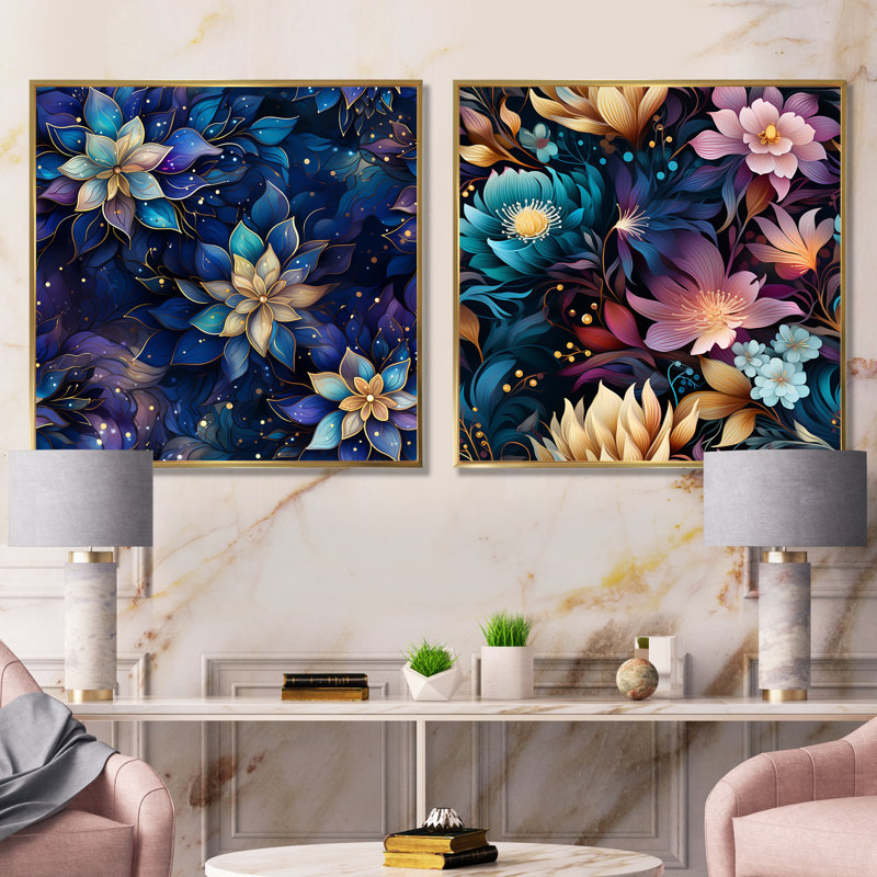 Hockett - Ensemble de 2 reproductions de toiles abstraites botaniques, Encadrement doré, H 16 po x l 33 po x P 1 po