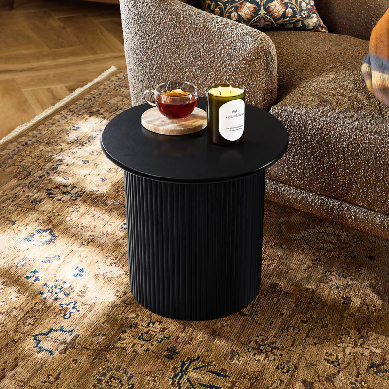 Compact Size Round Side Table with Black Fluted Fir & MDF Wood Accent