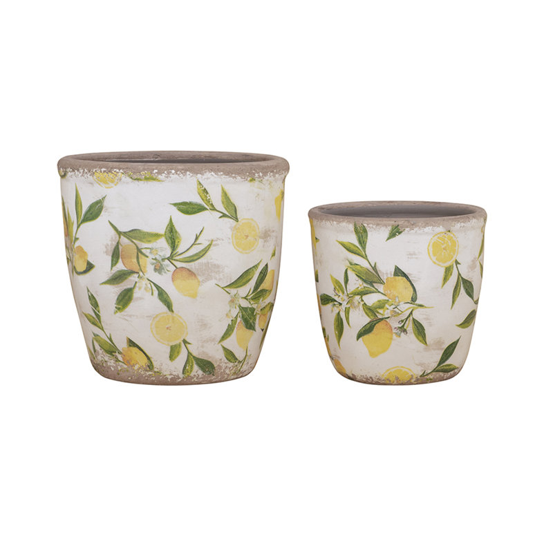 S / 2 jardinières en céramique assorties avec motif jaune citron
