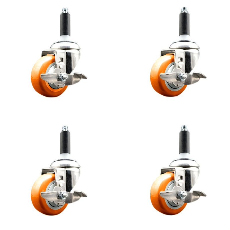 Ensemble de roulettes extensibles 3,5 pouces et pivotantes de 3,5 pouces en acier inoxydable 316SS 7/8 pouces SCC, Orange