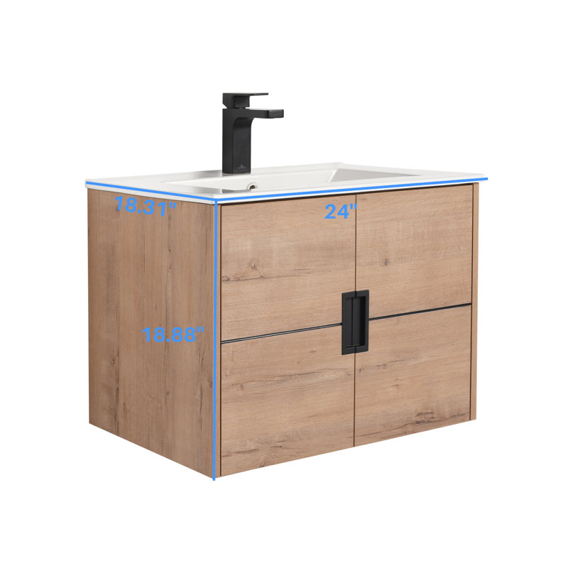 Leonia 24" Wall-Mounted Bathroom Vanity with Sink – Floating Wooden Vanity Cabinet with Ceramic Basin, Soft-Close Doors & Ample Storage