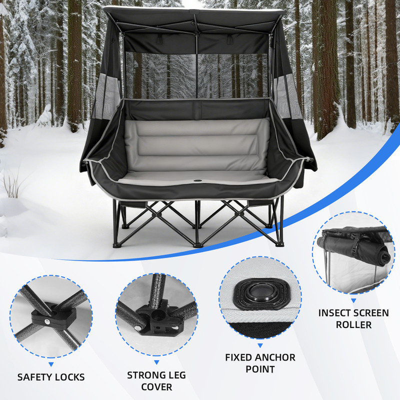 Heated Double Camping Chair with Canopy, Folding Loveseat with Cooler & Cup Holders, Black & Gray - Heated