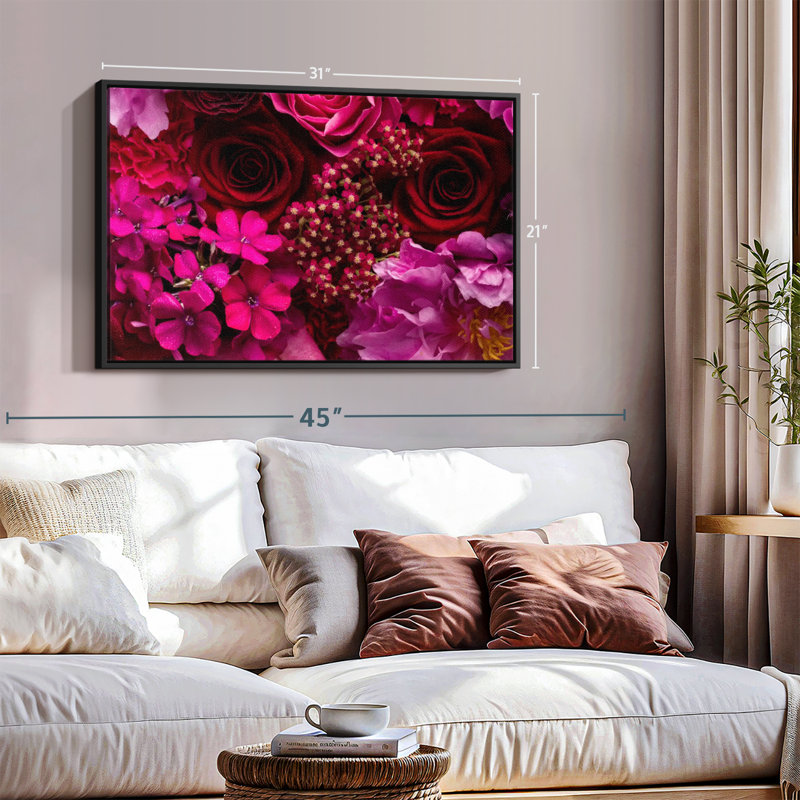 Fleurs rouges et roses sur toile, H 21 po x l 31 po