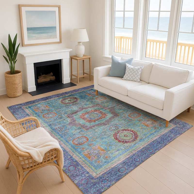Premium Machine Washable Mayfield AMF2159 global Rug, Teal, Rectangle 3' x 5'