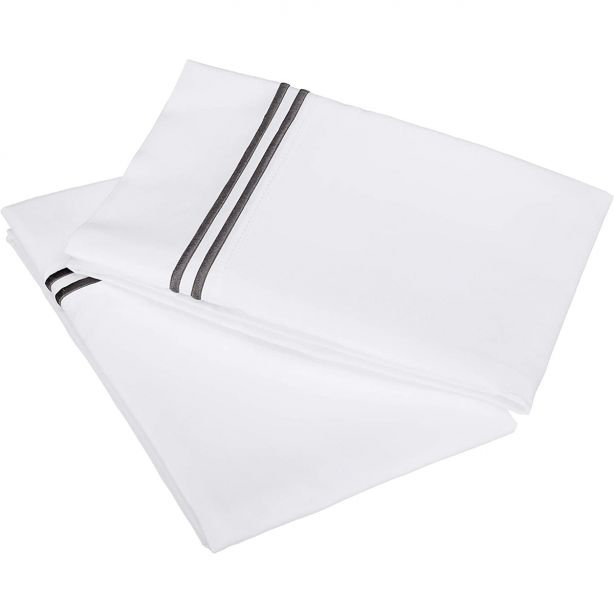 400TC Double Embroidery Cotton Sateen Pillowcases (Set Of 2), White/Dark Gray