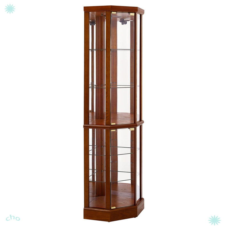 Vitrine de coin éclairée 6 tablettes, Chêne
