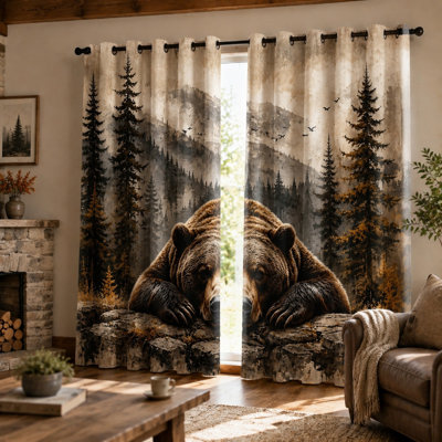 Ensemble de 2 rideaux occultants à motif réaliste d'ours et de forêt, avec œillets décoratifs pour le salon et la chambre à coucher.