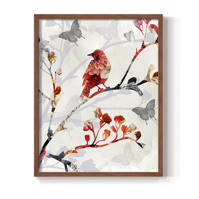 «Bird and Cherry Blossoms I», reproduction encadrée - bois massif, H 11 po x l 9 po, Noyer