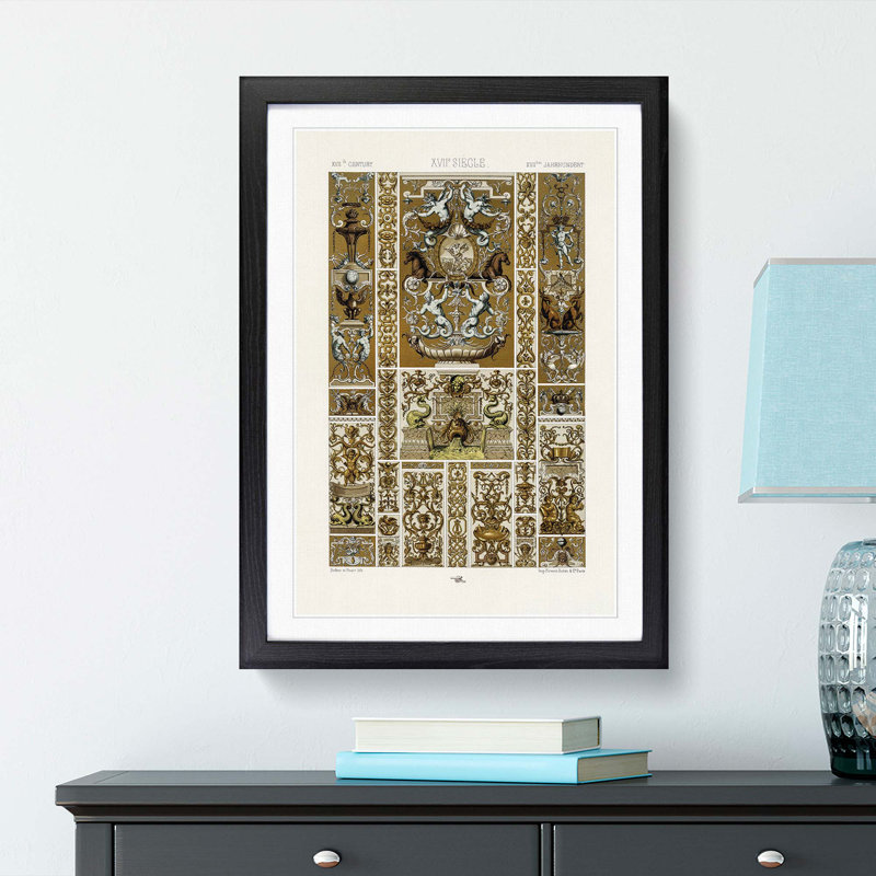 17th Century Pattern with Horses by Albert Racinet - Picture Frame Painting Print, 48cm H x 36cm W x 2cm D, Black Framed