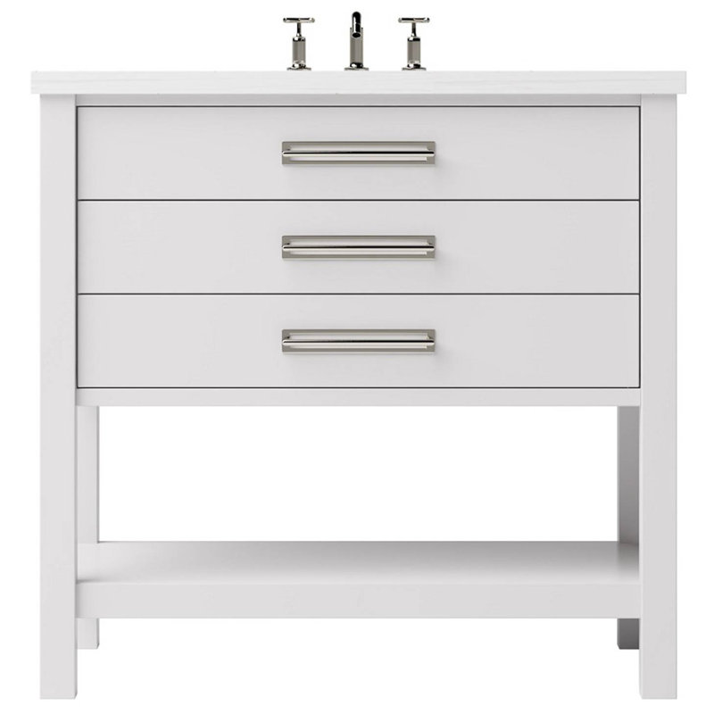 Kiawah Three-Drawer Single Bath Vanity, Strong White, Satin Nickel, 36"