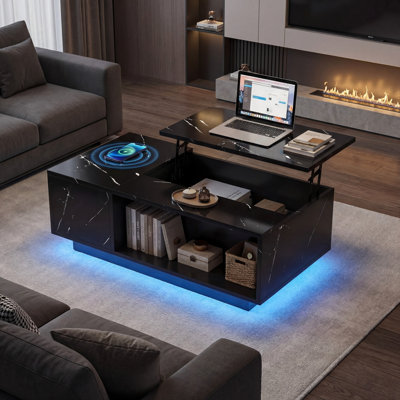 Black Smart Lift Top Coffee Table LED Wireless Charging Bluetooth USB Storage