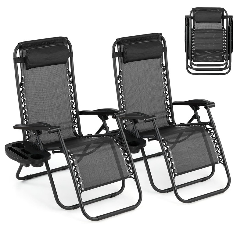 Patio Lounge Chairs Set of 2, Outdoor Recliner with Side Tray & Headrest - Heavy Duty Steel Mesh Folding Chairs, Adjustable Portable Camping Lawn Chairs for Poolside, Beach, Backyard, Deck