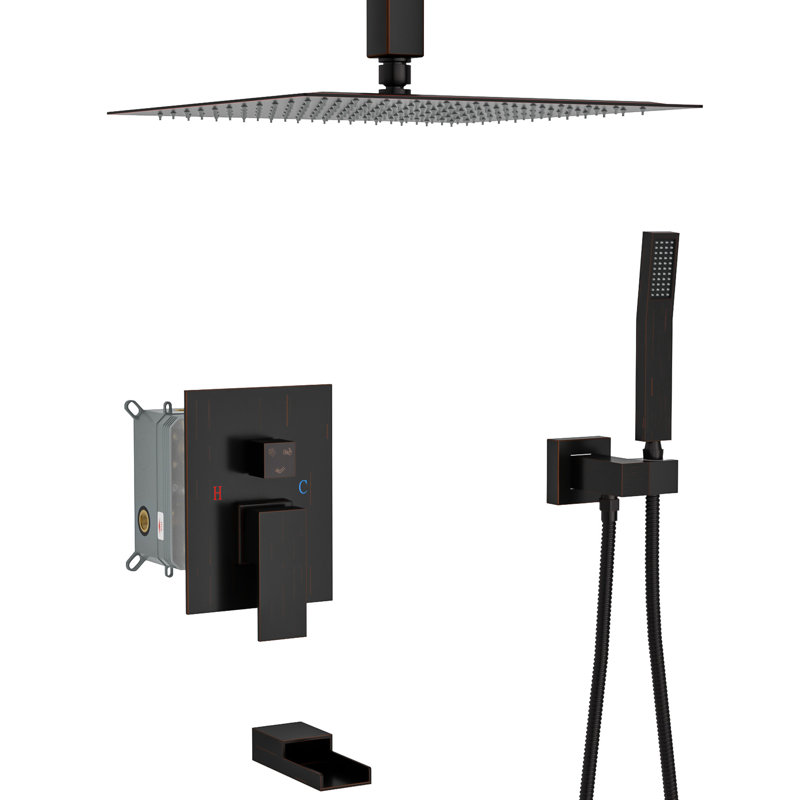 Ensemble de douche huilé en caoutchouc et bronze - Douche de baignoire à fixation au plafond de 12 pouces avec robinet de douche à 3 fonctions pour la pluie et la douche à main Système d'installation facile d'entretien