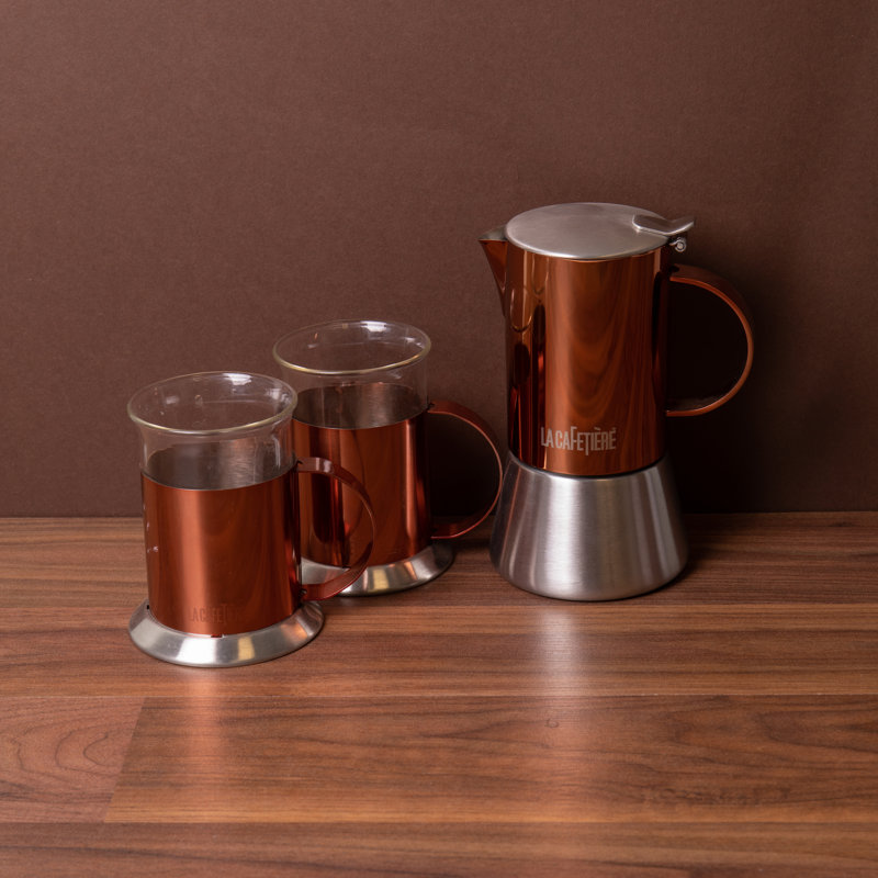 3pc Espresso Set with 4-Cup Copper Espresso Coffee Maker and Two Coffee Mugs