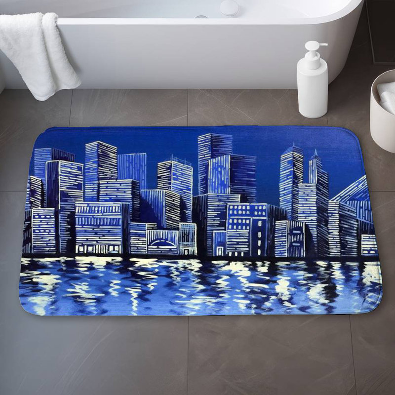 Blue skyline Bath Mat with Non-Slip Backing - Quick Dry Memory Foam Bathroom Rug - Absorbent - Modern Plush Spa-Style - Machine Washable