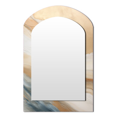 Or et bleu plage sable fusion - grand miroir arqué de formes abstraites, décor de miroir mural unique asymétrique moderne, impression d'art en métal