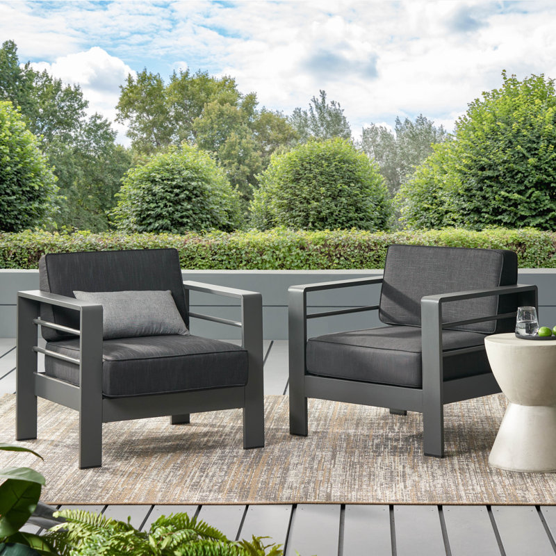 Caggiano Patio Aluminum Chair with Cushions, Gray, Dark Gray