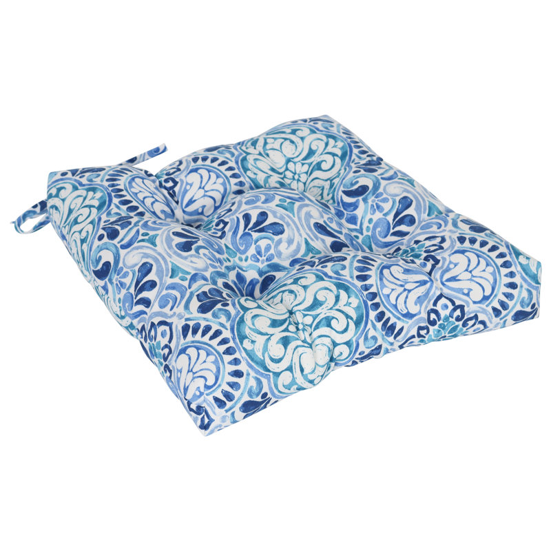 16-Inch Square Outdoor Tufted Chair Cushions (Set Of 4), White/Blue/Fiorella Baltic Moroccan