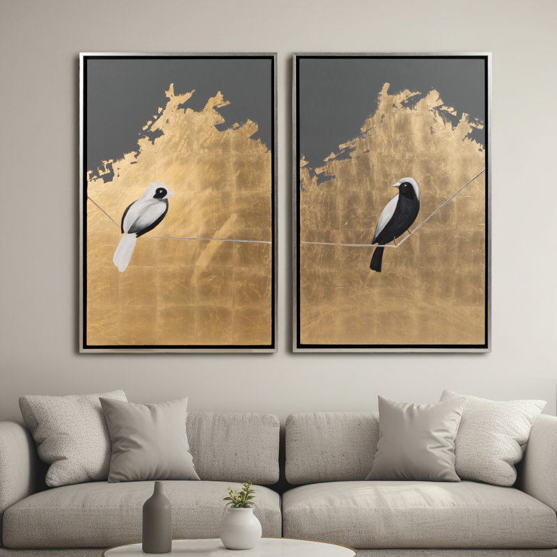 Set of 2 Gold and Gray Canvas Art with Silver Metal Frame