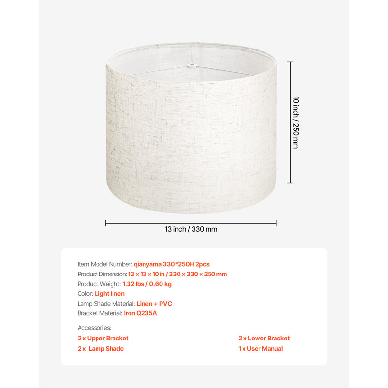 Drum Lamp Shade 2 Set 16 x 16 x 12 in Round Lampshade with Harp (Light Linen), Beige