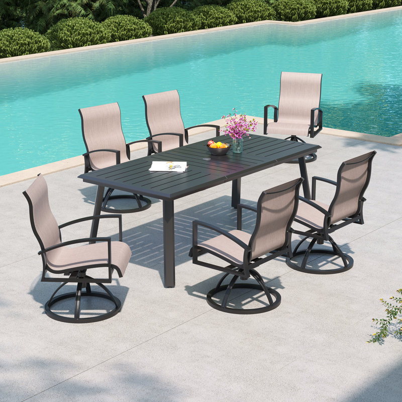 6 - Person Cast Aluminum Patio Dining Set With Sunbrella Swivel  Chairs, Brown