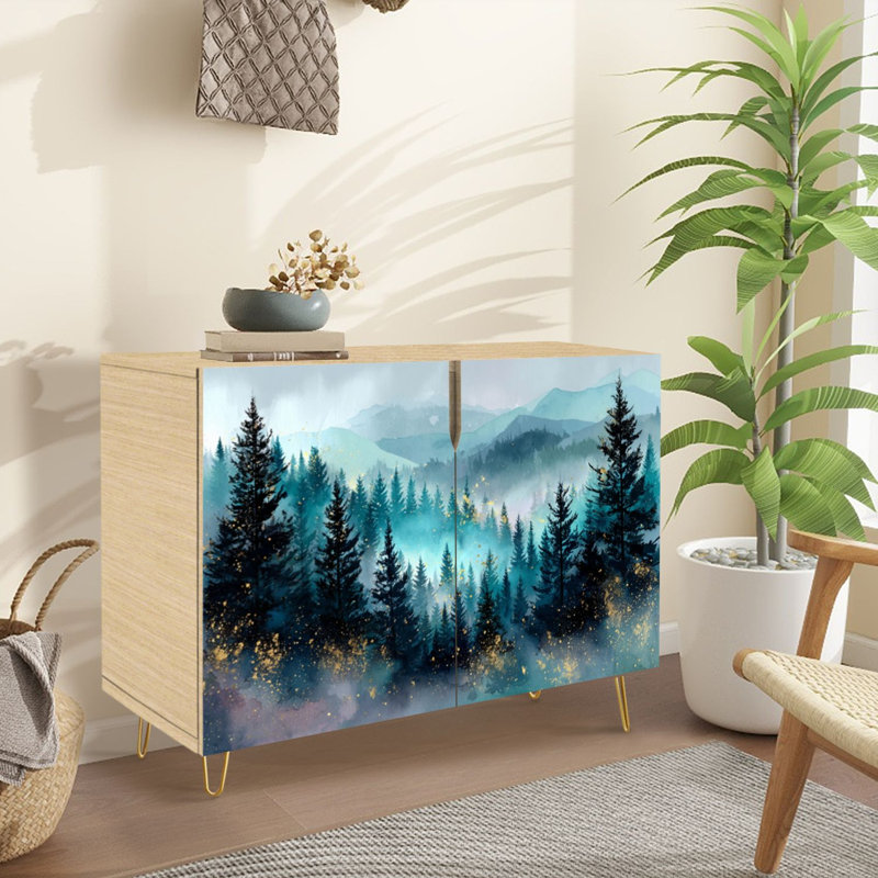 Buffet Buffet avec rangement Celestial Gold Ink Forest avec 2 portes pour le salon et la cuisine
