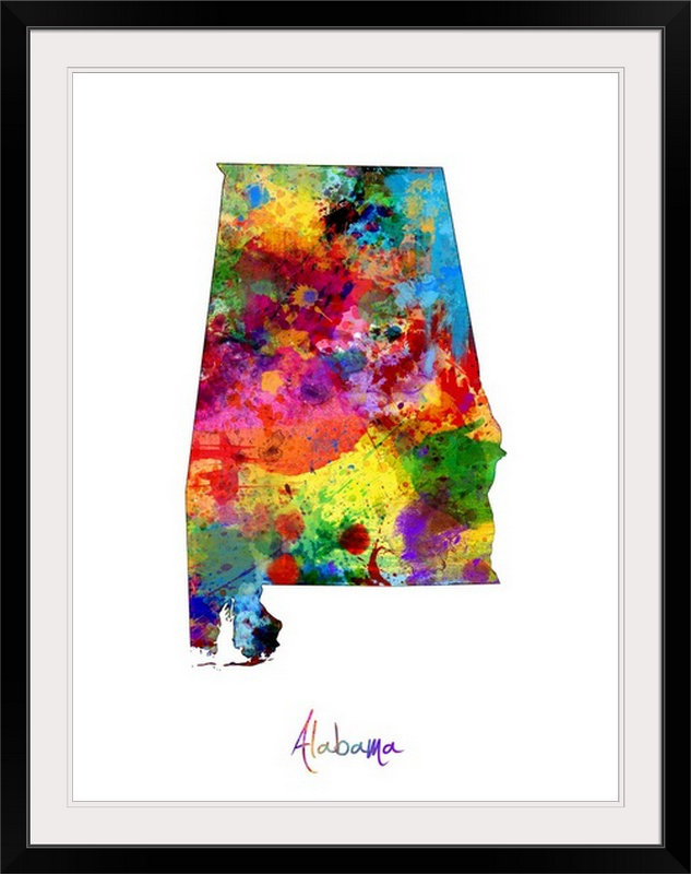 Francy «Alabama Map» par Abarca, impression, Cadre noir, l 44 po x P 35 po x H 1 po