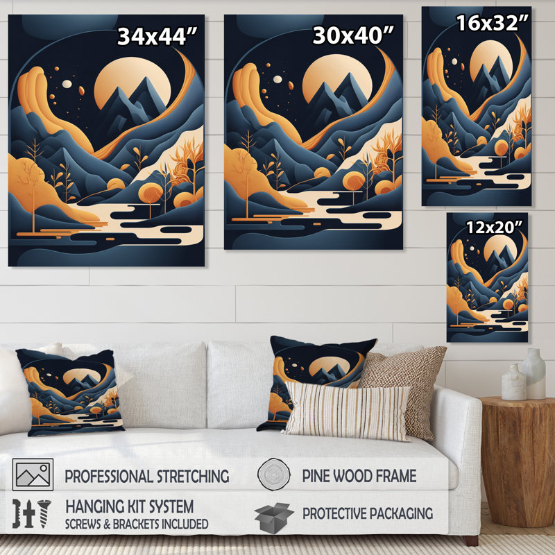 Pleine lune blanche sur les montagnes III - paysage montagnard, impression d'art mural, H 32 po x l 24 po x P 1 po