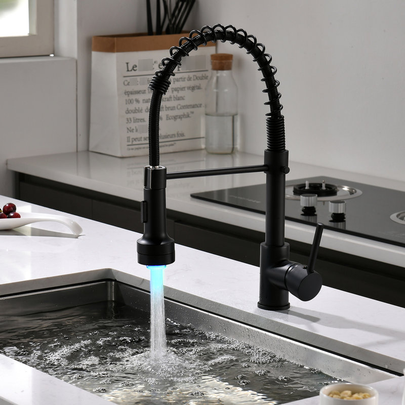 Kitchen Sink Faucet With Pull Down And Led, Black, Single Handle, Efficient Water Supply 360 Degree Swivel