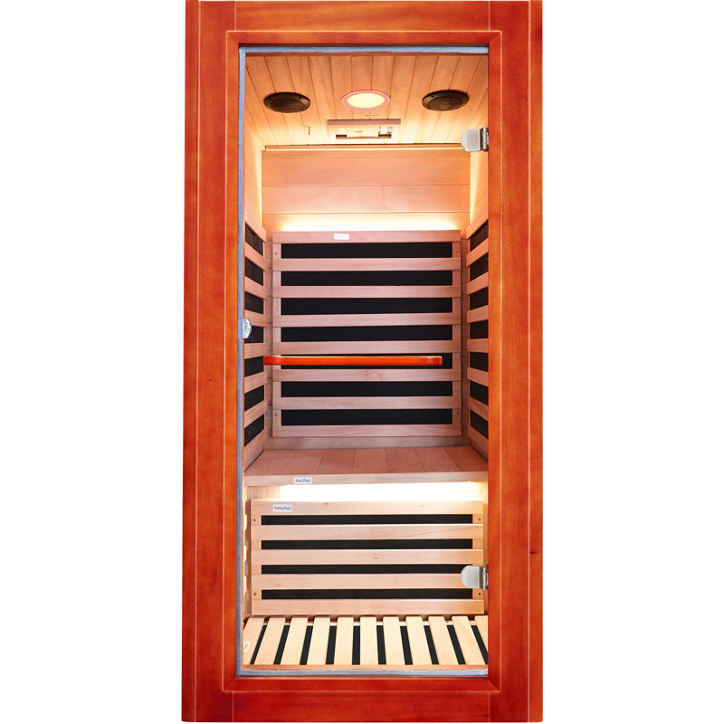 Sauna infrarouge lointain 1 personne en bois d'okoumé africain – Sauna sec intérieur 1020 W 110 V avec panneaux en graphène, chauffe-pieds, chromothérapie et haut-parleurs Bluetooth