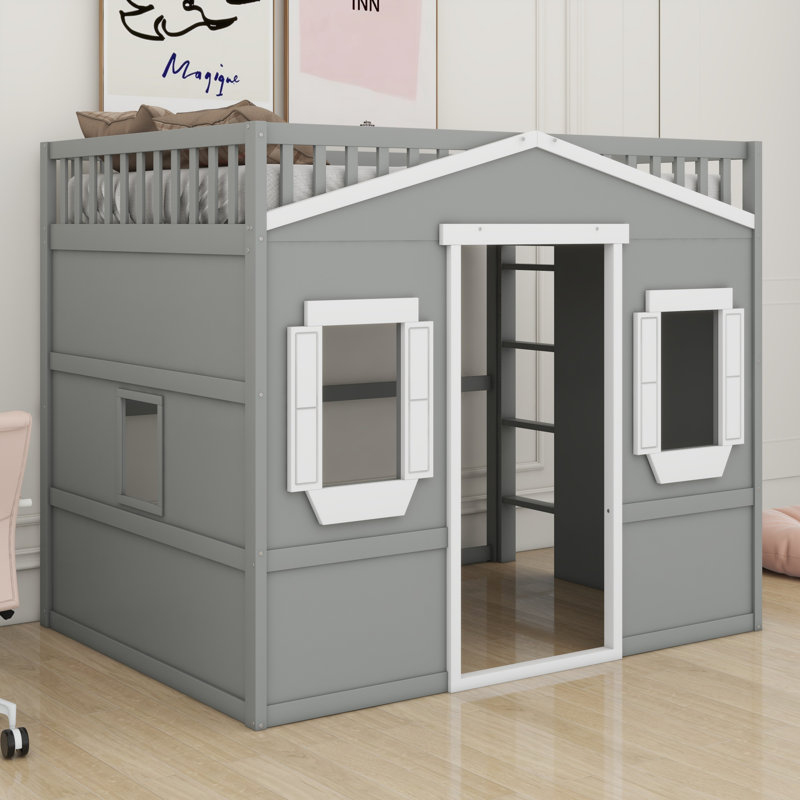 House Loft Bed With Ladder, Gray/White