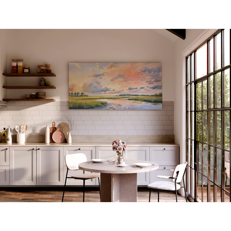 «Pastel Marsh Sunset Landscape, Carolina Lowcountry Coastal Watercolor, Reproduction d'art mural, H 30 po x l 60 po