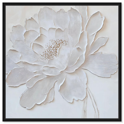 Pivoine blanche en relief, impression murale sur toile par Art Remedy, cadre noir, 12 x 12