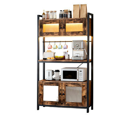 Bakers Rack with Power Outlet and LED Lights, 5-Tier (Brown)