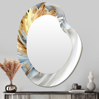 «Whirling tandis que les fractales glam en or et blanc II - miroir décoratif de forme unique de fractales, miroir mural asymétrique doré, art en métal imprimé