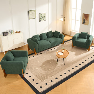 Ensemble de canapés modernes 3 pièces « Cloud », comprenant un canapé 3 places en tissu bouclé, deux fauteuils d'appoint, un fauteuil de lecture moderne avec coussin assorti et un fauteuil confortable pour le salon, vert.