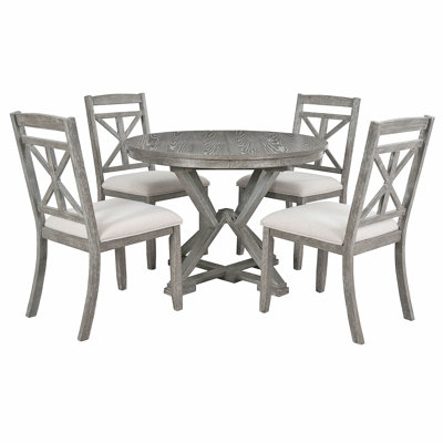 5-Piece Retro Dining Table Set, Extendable Round Table and 4 Upholstered Chairs for Dining Room and Living Room
