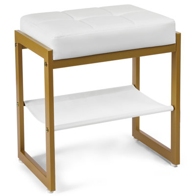 Vanity Stool, Faux Leather Vanity Chair Stool For Dressing Table, Modern Gold Metal Footstool Ottoman For Bedroom & Living Room, White & Gold