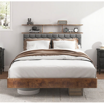 Grand cadre de lit avec rangement, cadre de lit plateforme en bois, chevet avec ensemble souple et 2 ports USB, pas de bruit, pas de sommier nécessaire