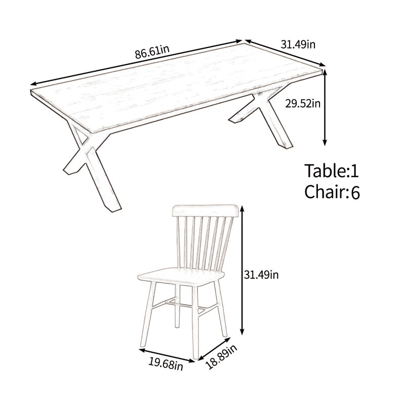 Ensemble de table en bois massif au choix de la nature, H 29,52 po x L 86,61 po x l 31,49 po