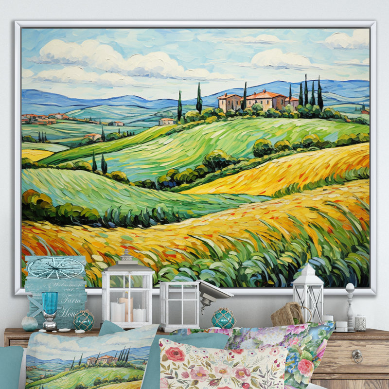 Vangogh Rolling Hills III - Vangogh, reproduction d'art sur toile, H 16 po x l 32 po x P 1 po, Cadre flottant blanc