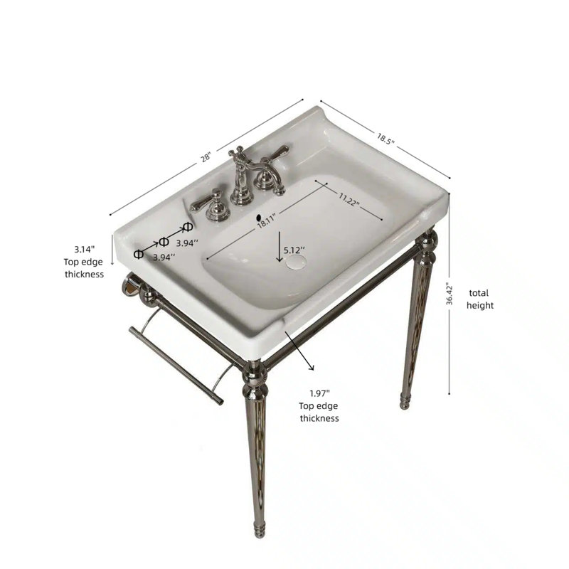 Pattes de support de console de meuble-lavabo en céramique blanche 28 pouces, L 28 po, Blanc, Chrome chrome