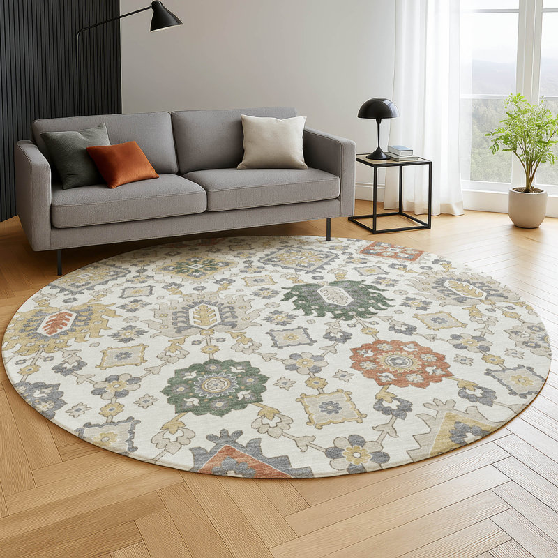 Premium Machine Washable Mayfield AMF2200 bohemian Rug, Ivory, 8' Round