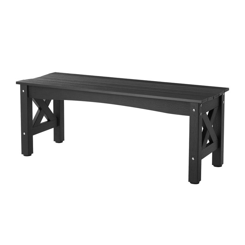 Banc d'extérieur 44,5 po en plastique noir résistant aux intempéries avec finition d'aspect bois