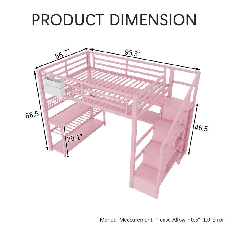Lit mezzanine double avec escalier large et garde-corps Bed Lit mezzanine en métal avec garde-robe sous l'escalier, Pink
