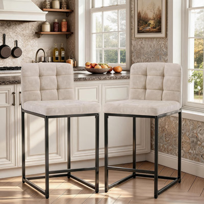 Modern Counter-Height Bar Stools, Set of 2 - Faux Leather Upholstered Kitchen Island/Counter Stool Chairs