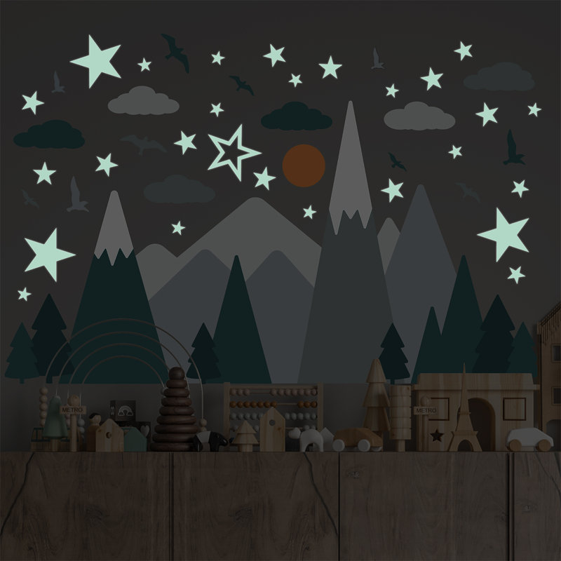 Grey Mountains With Glowing Stars Self Adhesive Wall Sticker