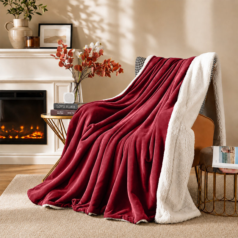 Reversible Sherpa Fleece Blanket – Soft Warm Throw for Sofa & Bed, Single (130cm x 150cm), Burgundy