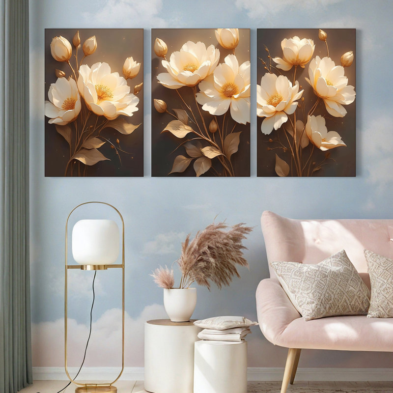 «Golden Floral», reproduction d'art sur toile tendue sur toile (ensemble de 3), H 18 po x l 36 po