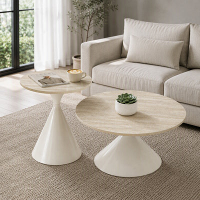Ensemble de 2 tables basses rondes avec base en acier, table basse multifonctionnelle et élégante